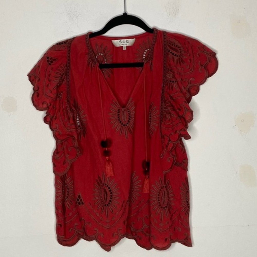 Sea New York cottonred embroidered bohemian ruffle blouse
